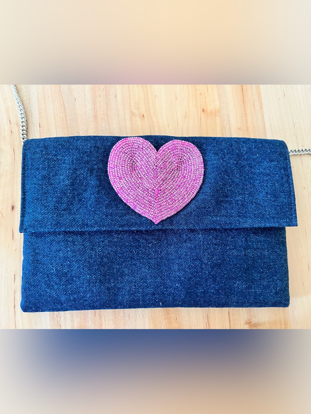 Tiana Denim Crossbody Bag with Pink Beaded Heart